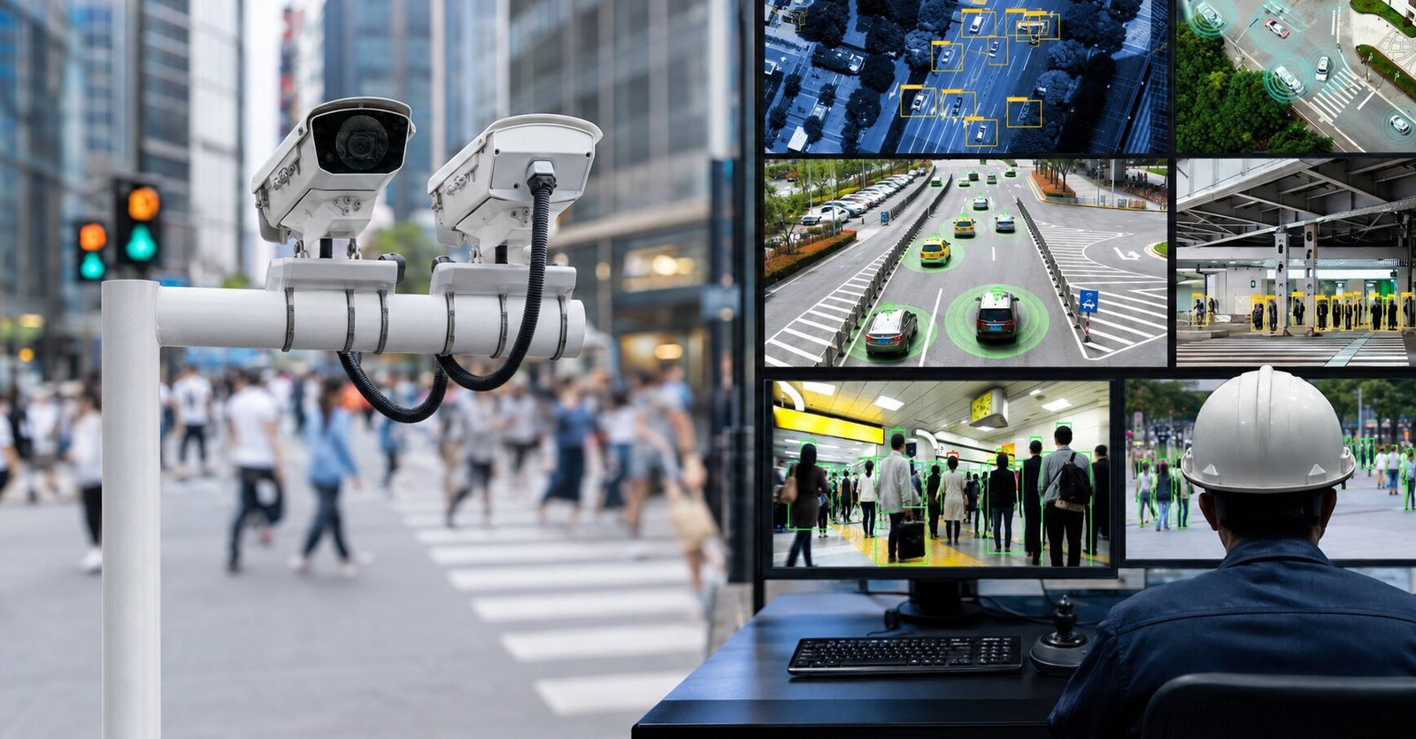 CCTV cameras and an AI video analytics command centre monitoring traffic, public spaces and industrial safety